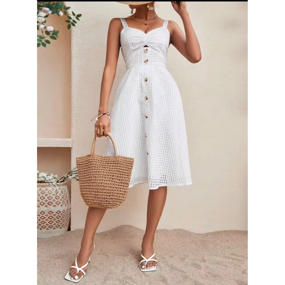 SHEIN White Grid Textured Button Front Midi Dress XL Sweetheart Cutout Smocked